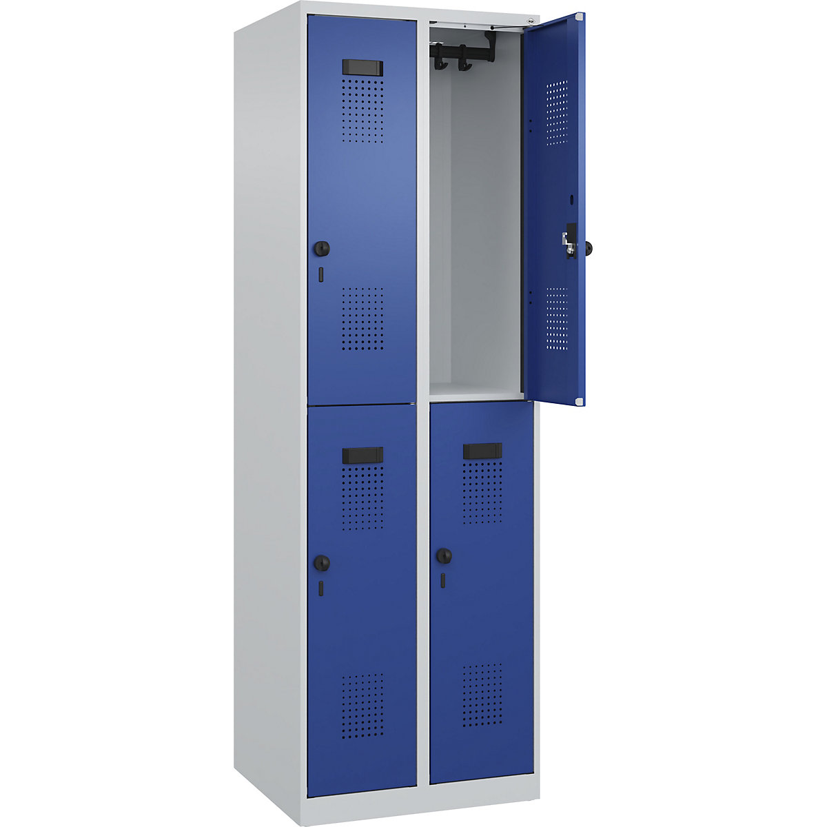 Vestiar cu două niveluri Evolo PLUS – C+P, 2 module, gri deschis / albastru gențiană, lăț. 600 mm, cu glisoare pentru podea, zăvor rotativ-0