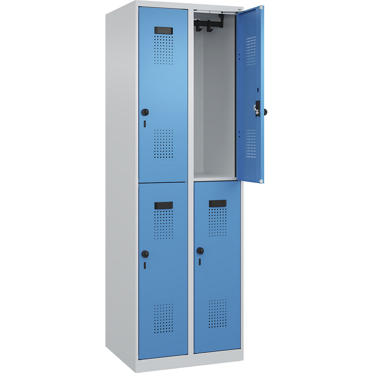 Vestiar cu două niveluri Evolo PLUS – C+P, 2 module, gri deschis / albastru deschis, lăț. 600 mm, cu glisoare pentru podea, zăvor rotativ-0