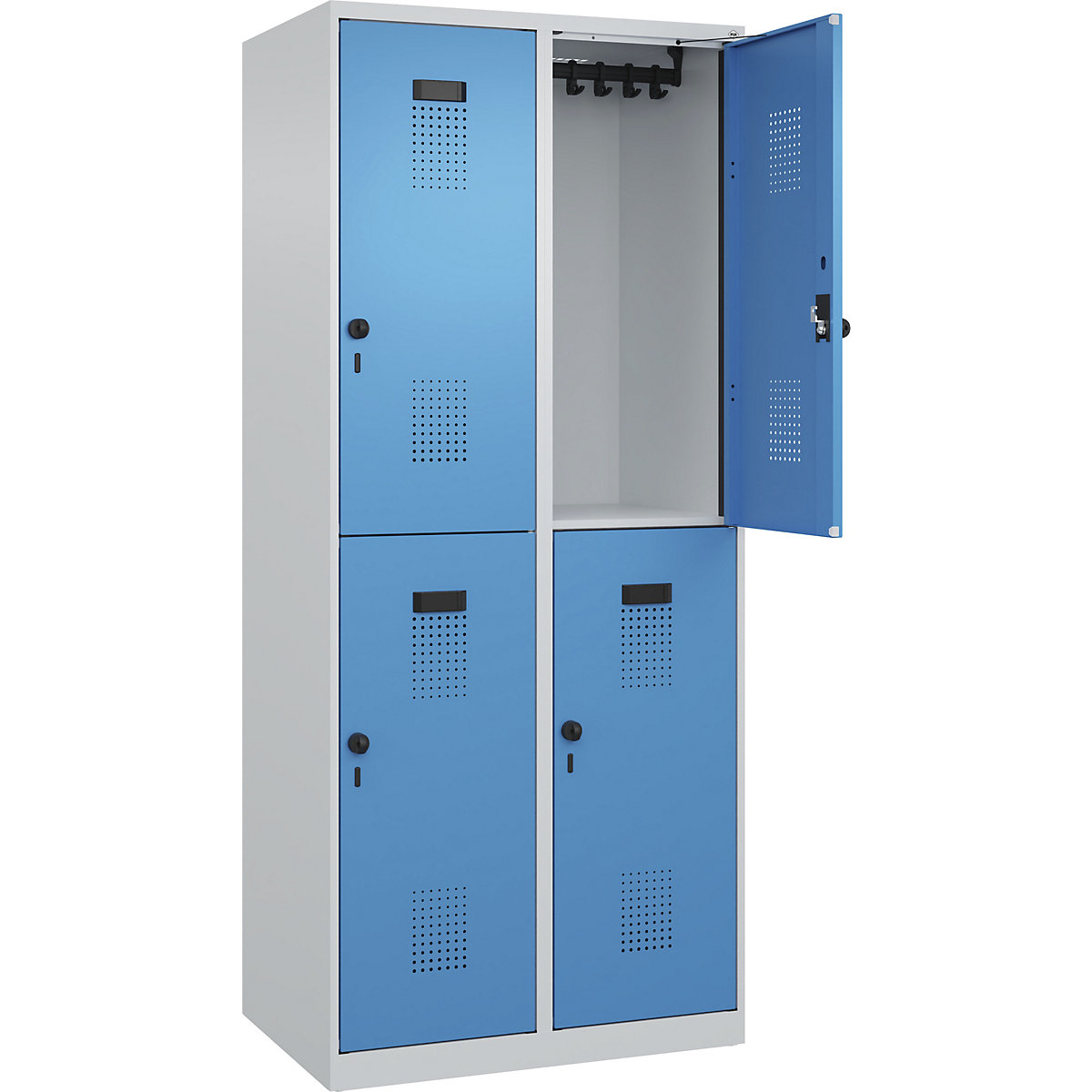 Vestiar cu două niveluri Evolo PLUS – C+P, 2 module, gri deschis / albastru deschis, lăț. 800 mm, cu glisoare pentru podea, zăvor rotativ-0