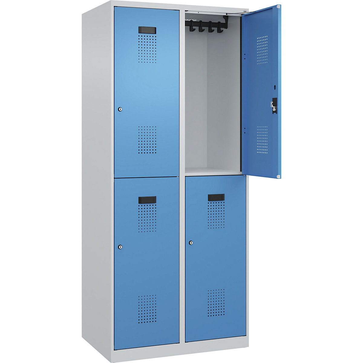 Vestiar cu două niveluri Evolo PLUS – C+P, 2 module, gri deschis / albastru deschis, lăț. 800 mm, cu glisoare pentru podea, încuietoare cilindrică-0