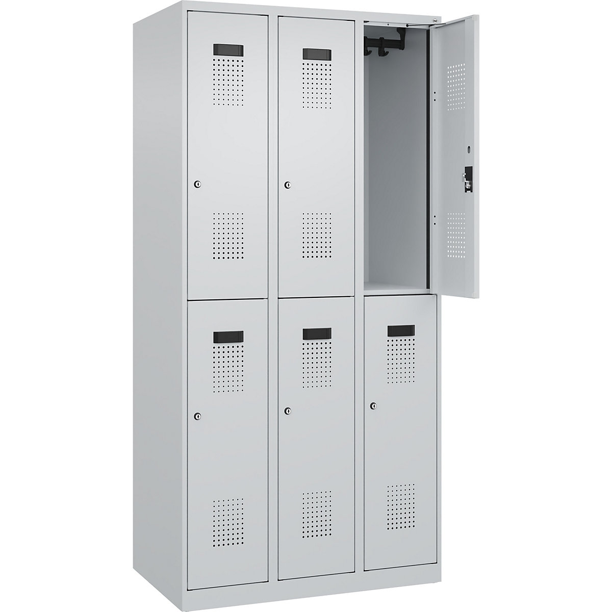 Vestiar cu două niveluri Evolo PLUS – C+P, 3 module, gri deschis, lăț. 900 mm, cu glisoare pentru podea, încuietoare cilindrică-0