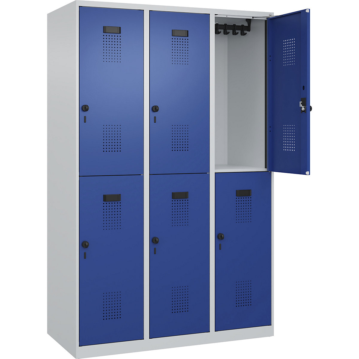 Vestiar cu două niveluri Evolo PLUS – C+P, 3 module, gri deschis / albastru gențiană, lăț. 1200 mm, cu glisoare pentru podea, zăvor rotativ-0