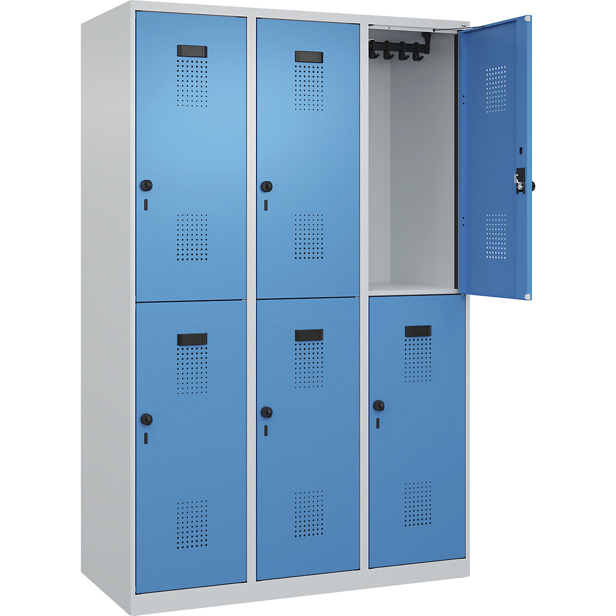 Vestiar cu două niveluri Evolo PLUS – C+P, 3 module, gri deschis / albastru deschis, lăț. 1200 mm, cu glisoare pentru podea, zăvor rotativ-0