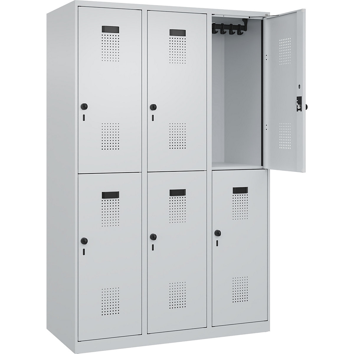 Vestiar cu două niveluri Evolo PLUS – C+P, 3 module, gri deschis, lăț. 1200 mm, cu glisoare pentru podea, zăvor rotativ-0