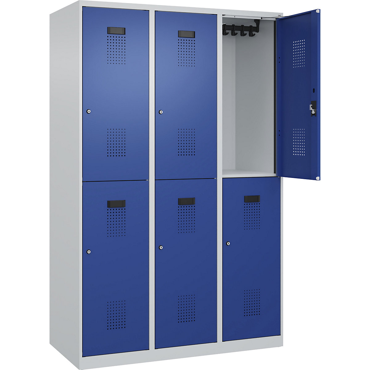 Vestiar cu două niveluri Evolo PLUS – C+P, 3 module, gri deschis / albastru gențiană, lăț. 1200 mm, cu glisoare pentru podea, încuietoare cilindrică-0
