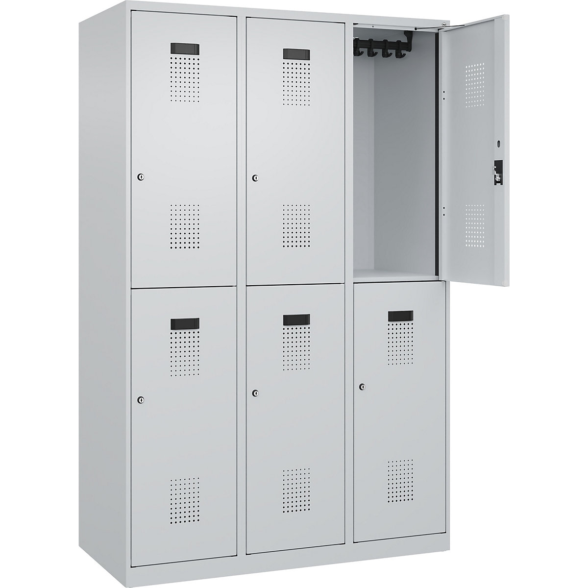 Vestiar cu două niveluri Evolo PLUS – C+P, 3 module, gri deschis, lăț. 1200 mm, cu glisoare pentru podea, încuietoare cilindrică-0
