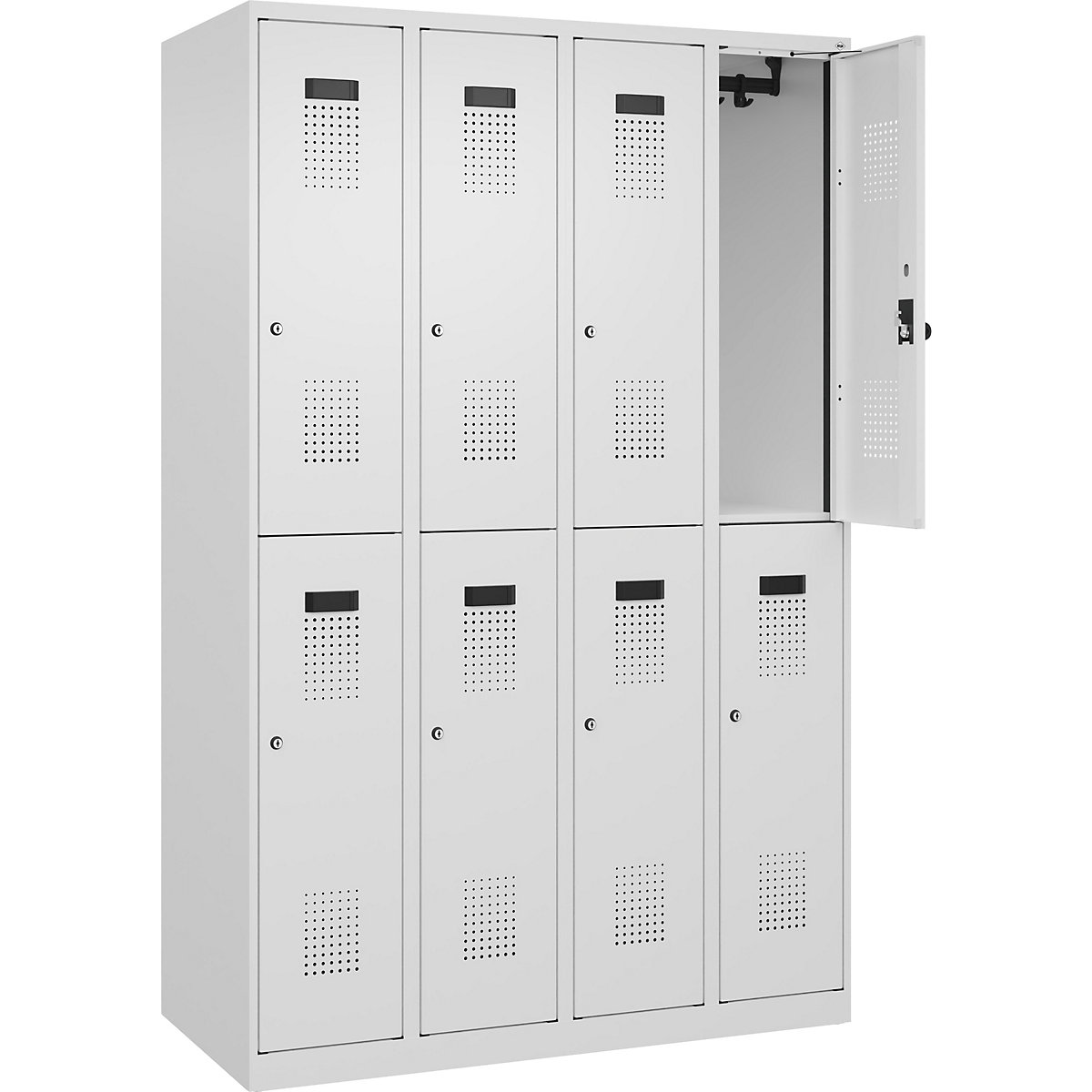 Vestiar cu două niveluri Evolo PLUS – C+P, 4 module, alb trafic, lăț. 1200 mm, cu glisoare pentru podea, încuietoare cilindrică-0