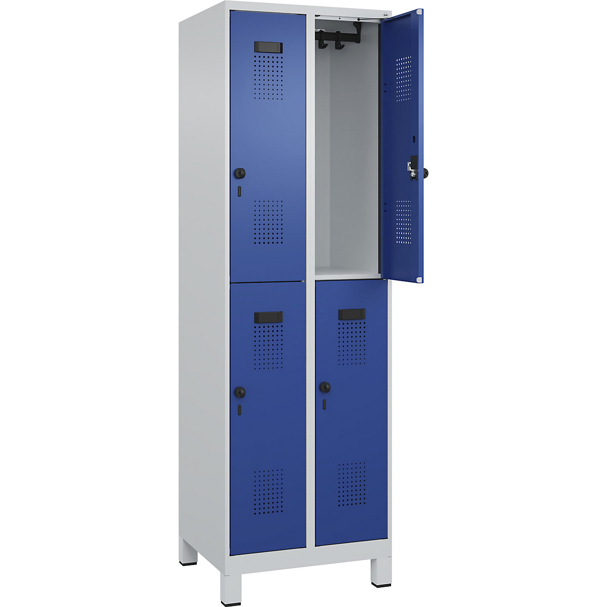 Vestiar cu două niveluri Evolo PLUS – C+P, 2 module, gri deschis / albastru gențiană, lăț. 600 mm, cu picioare late, zăvor rotativ-0