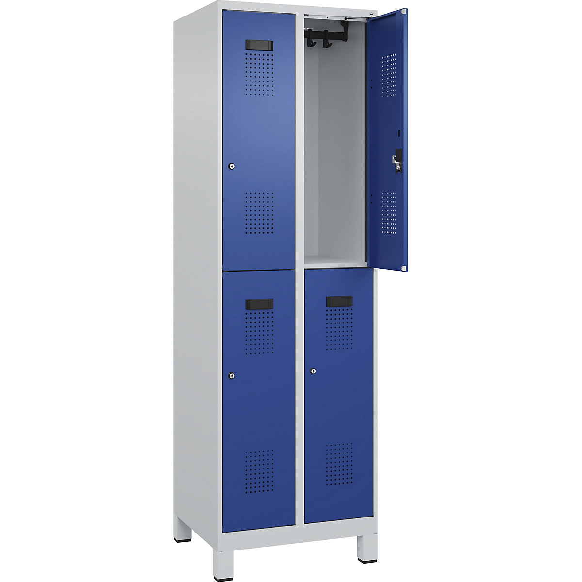 Vestiar cu două niveluri Evolo PLUS – C+P, 2 module, gri deschis / albastru gențiană, lăț. 600 mm, cu picioare late, încuietoare cilindrică-0