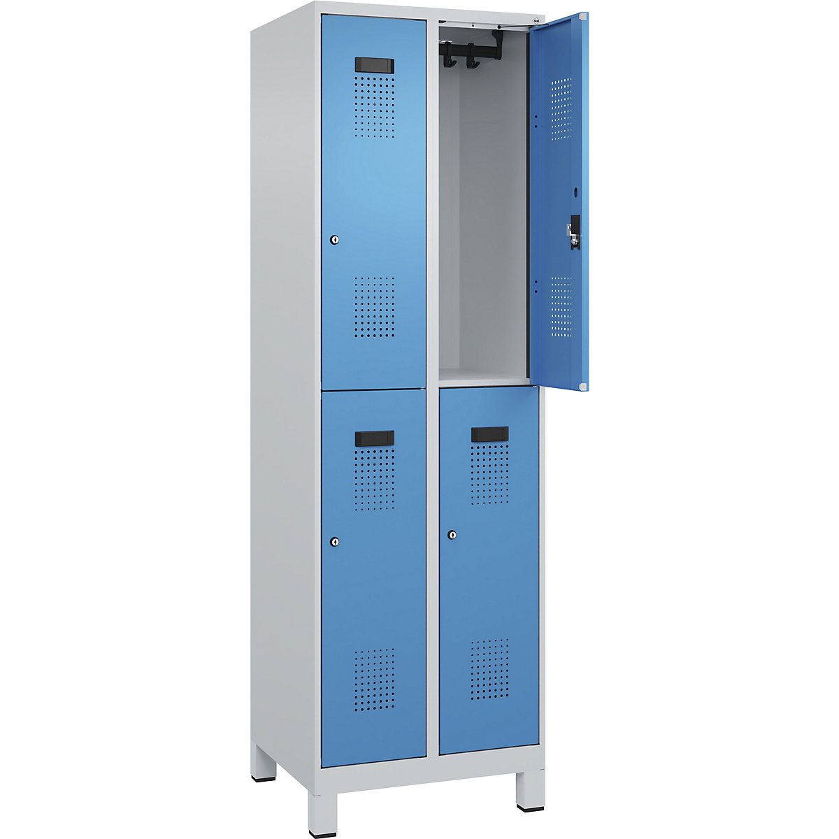 Vestiar cu două niveluri Evolo PLUS – C+P, 2 module, gri deschis / albastru deschis, lăț. 600 mm, cu picioare late, încuietoare cilindrică-0