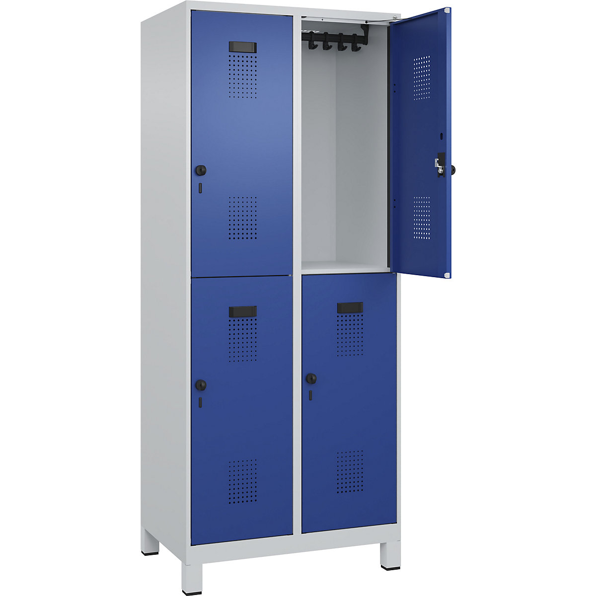 Vestiar cu două niveluri Evolo PLUS – C+P, 2 module, gri deschis / albastru gențiană, lăț. 800 mm, cu picioare late, zăvor rotativ-0