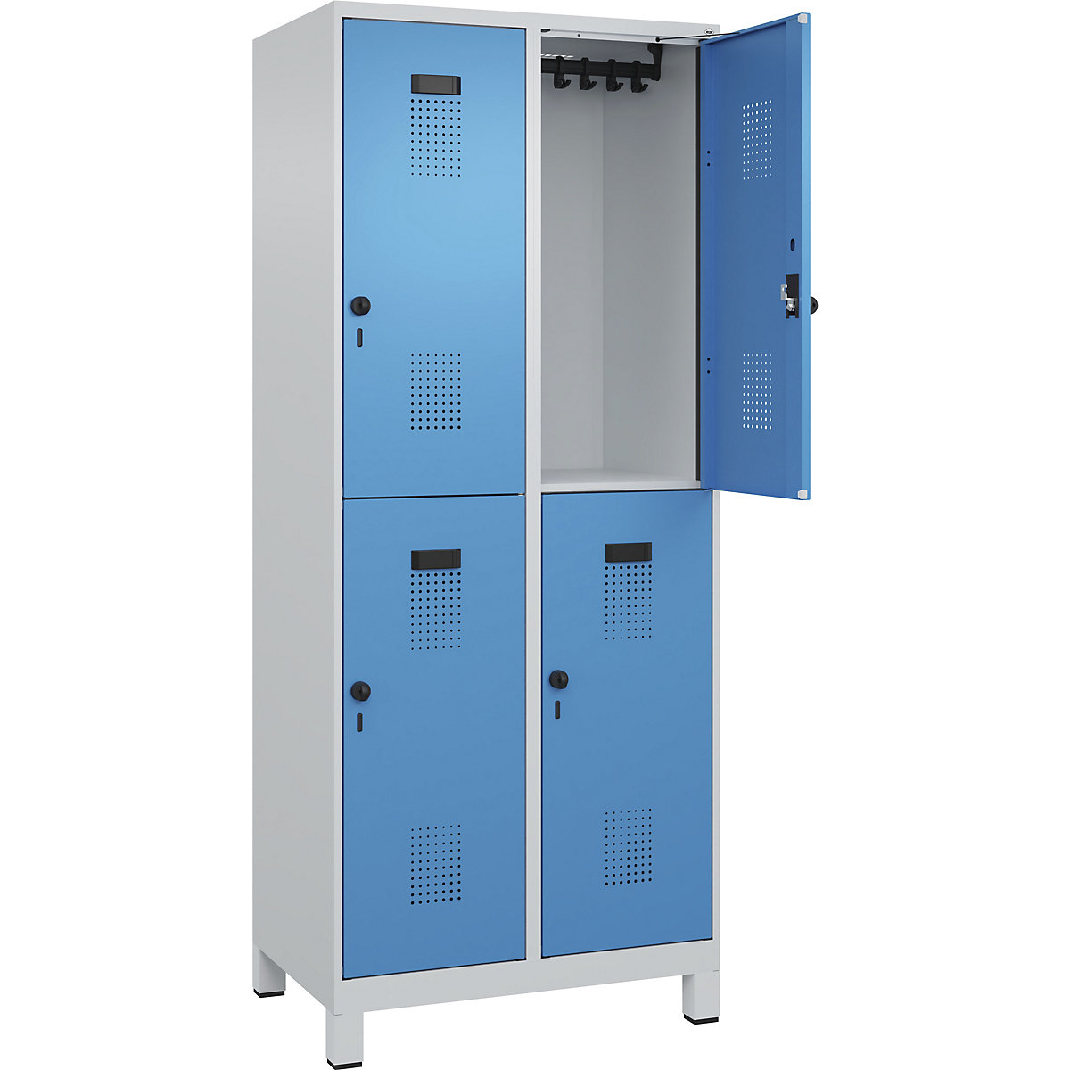 Vestiar cu două niveluri Evolo PLUS – C+P, 2 module, gri deschis / albastru deschis, lăț. 800 mm, cu picioare late, zăvor rotativ-0