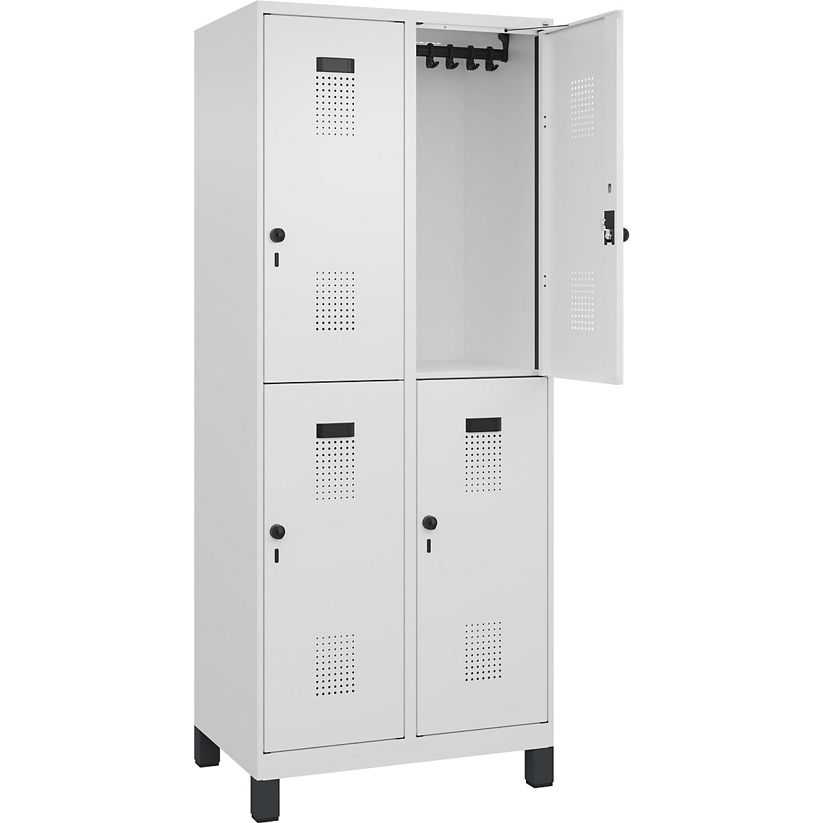 Vestiar cu două niveluri Evolo PLUS – C+P, 2 module, alb trafic, lăț. 800 mm, cu picioare late, zăvor rotativ-0