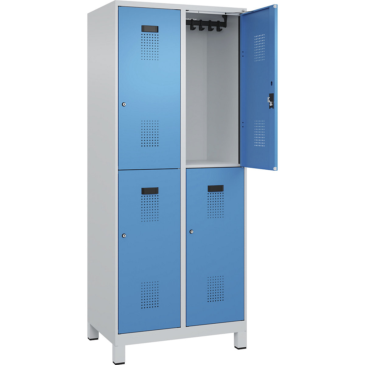Vestiar cu două niveluri Evolo PLUS – C+P, 2 module, gri deschis / albastru deschis, lăț. 800 mm, cu picioare late, încuietoare cilindrică-0