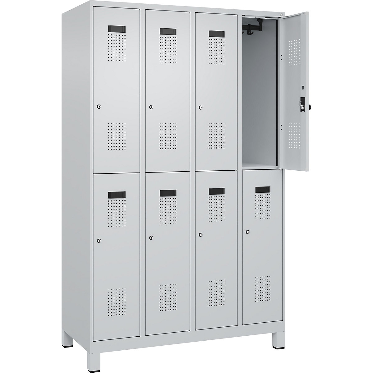 Vestiar cu două niveluri Evolo PLUS – C+P, 4 module, gri deschis, lăț. 1200 mm, cu picioare late, încuietoare cilindrică-0
