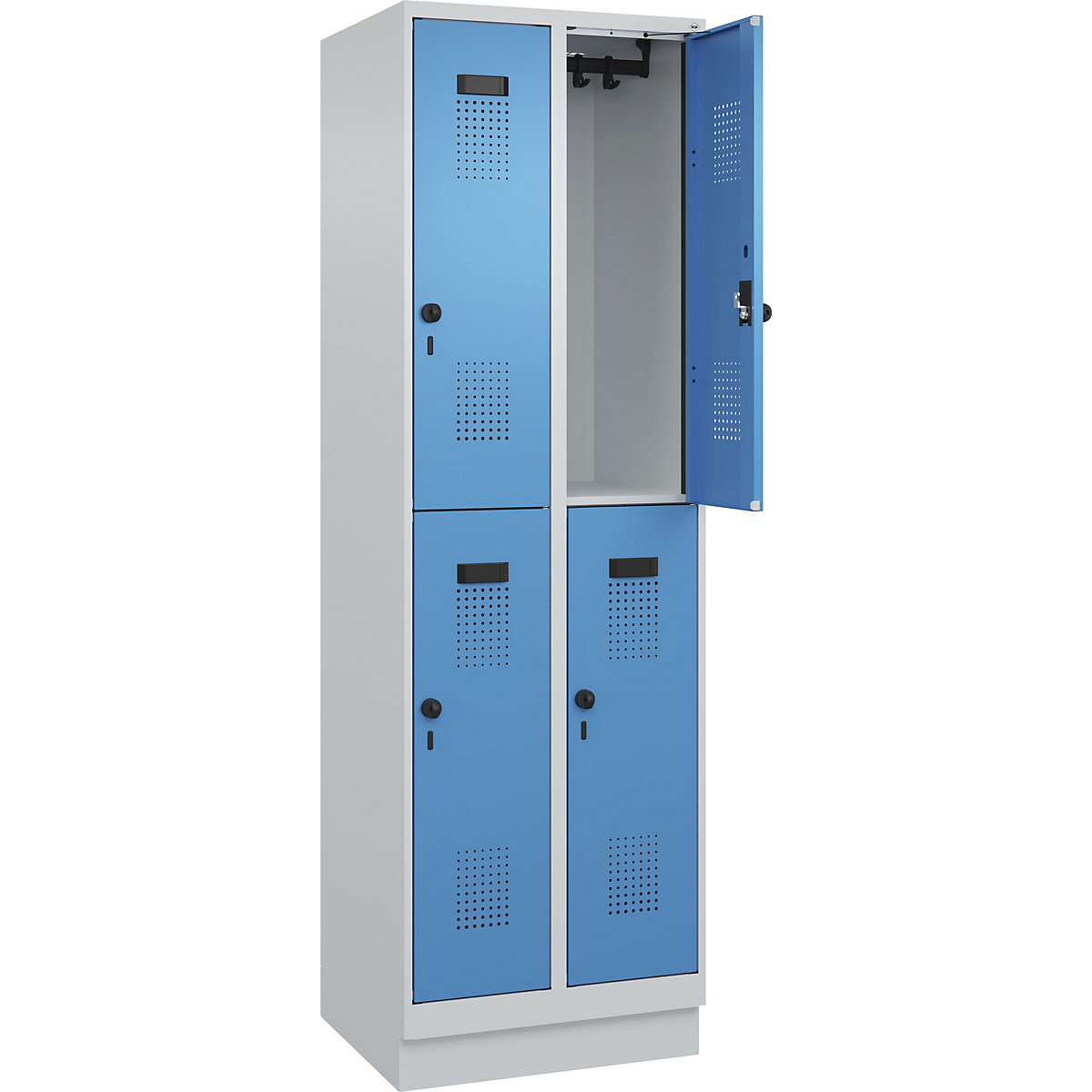 Vestiar cu două niveluri Evolo PLUS – C+P, 2 module, gri deschis / albastru deschis, lăț. 600 mm, cu soclu, zăvor rotativ-0