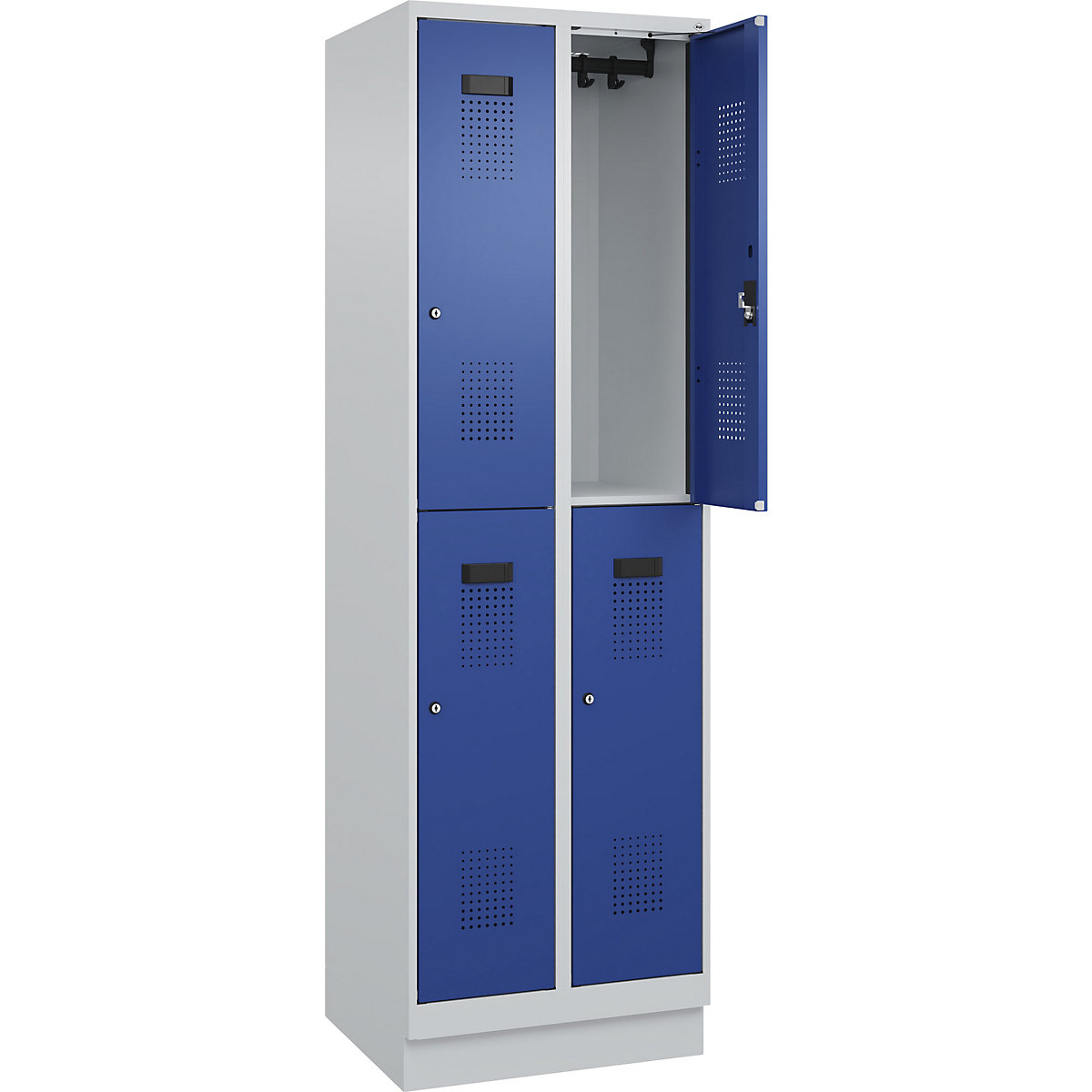 Vestiar cu două niveluri Evolo PLUS – C+P, 2 module, gri deschis / albastru gențiană, lăț. 600 mm, cu soclu, încuietoare cilindrică-0