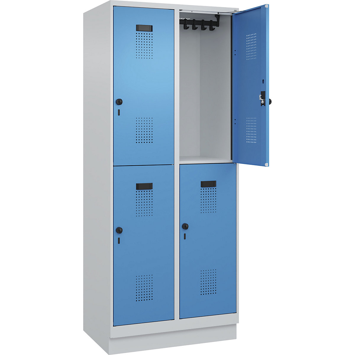 Vestiar cu două niveluri Evolo PLUS – C+P, 2 module, gri deschis / albastru deschis, lăț. 800 mm, cu soclu, zăvor rotativ-0