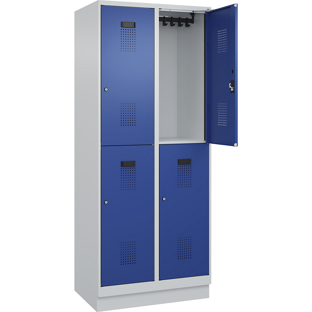 Vestiar cu două niveluri Evolo PLUS – C+P, 2 module, gri deschis / albastru gențiană, lăț. 800 mm, cu soclu, încuietoare cilindrică-0