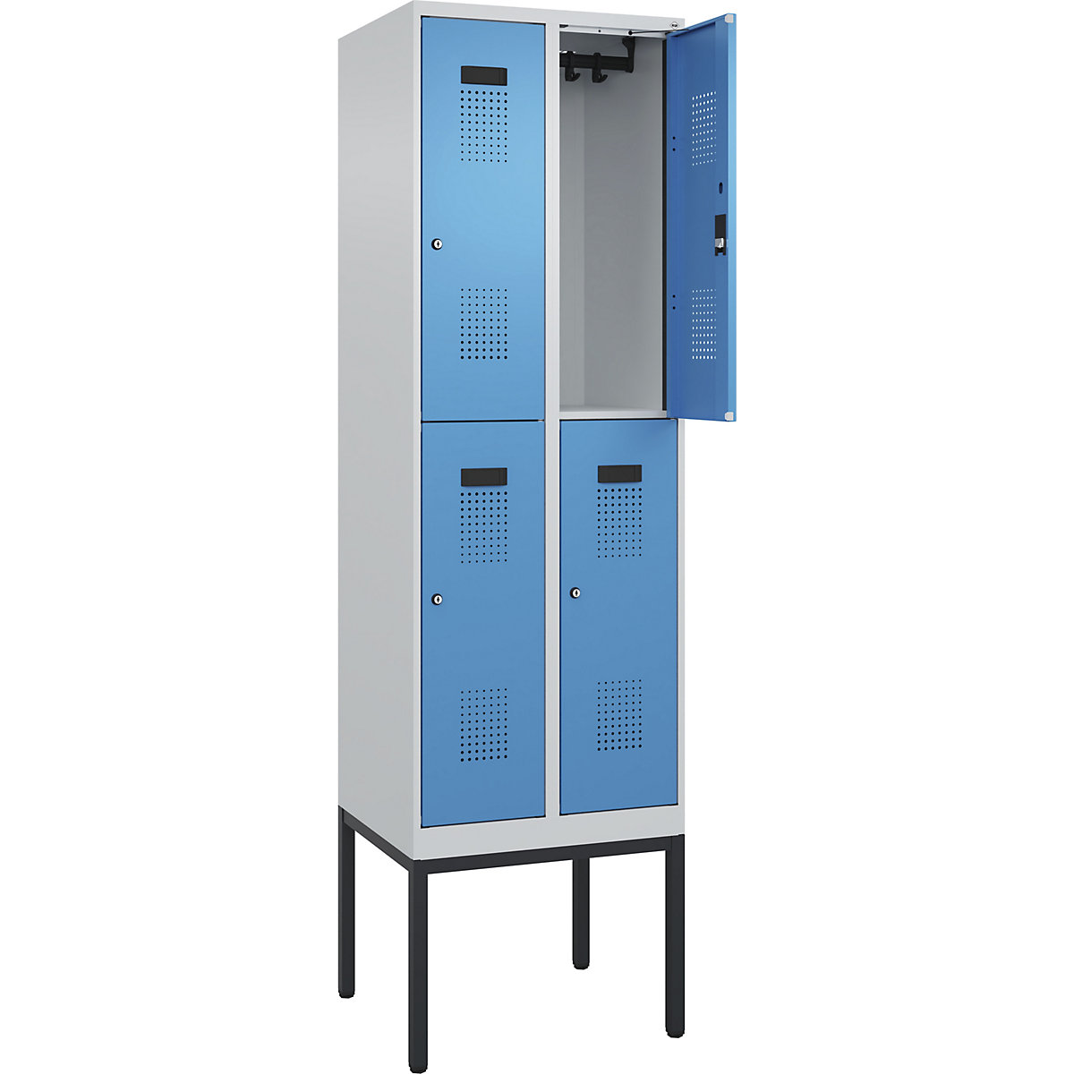 Vestiar cu două niveluri Evolo PLUS – C+P, 2 module, gri deschis / albastru deschis, lăț. 600 mm, cu picioare înguste, încuietoare cilindrică-0