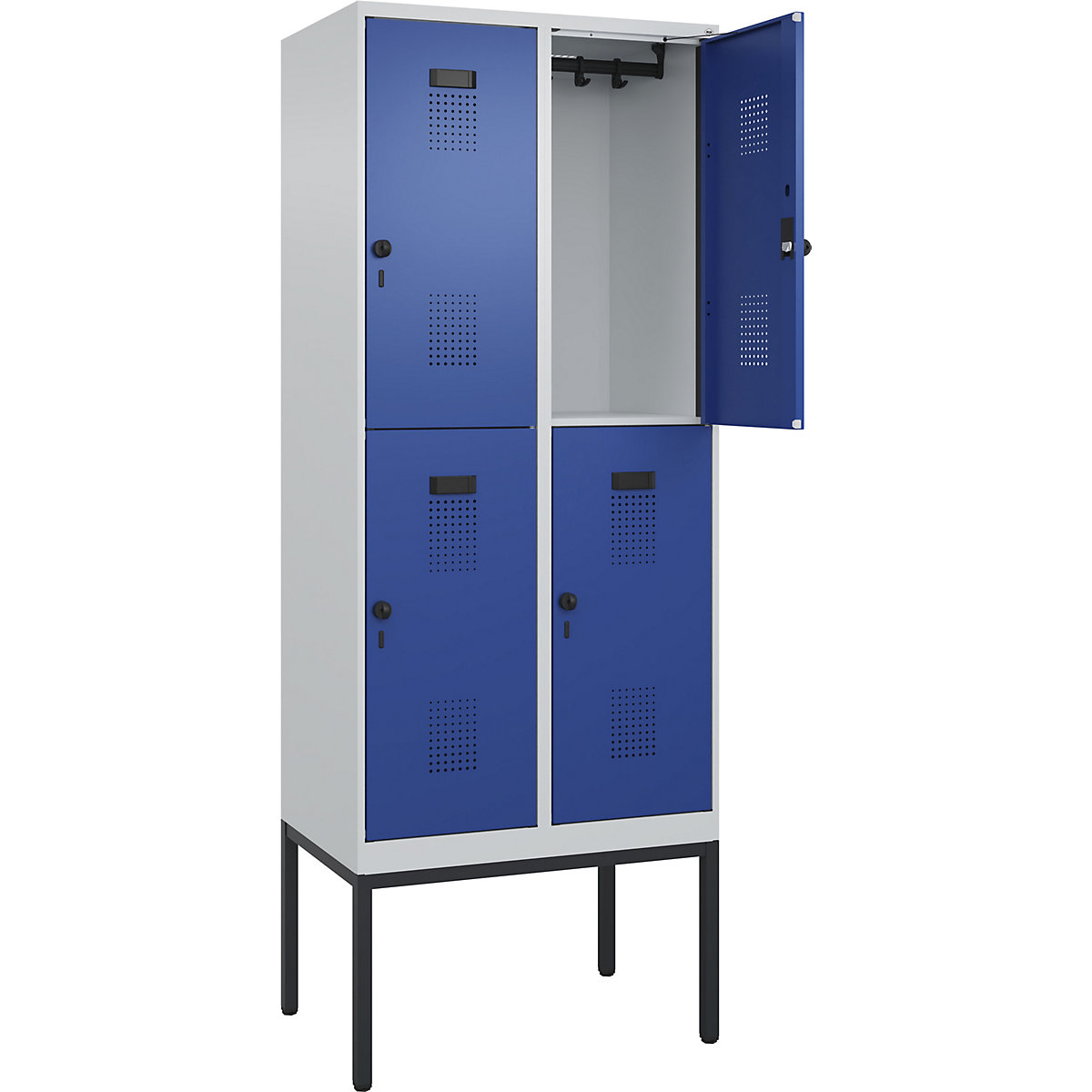 Vestiar cu două niveluri Evolo PLUS – C+P, 2 module, gri deschis / albastru gențiană, lăț. 800 mm, cu picioare înguste, zăvor rotativ-0