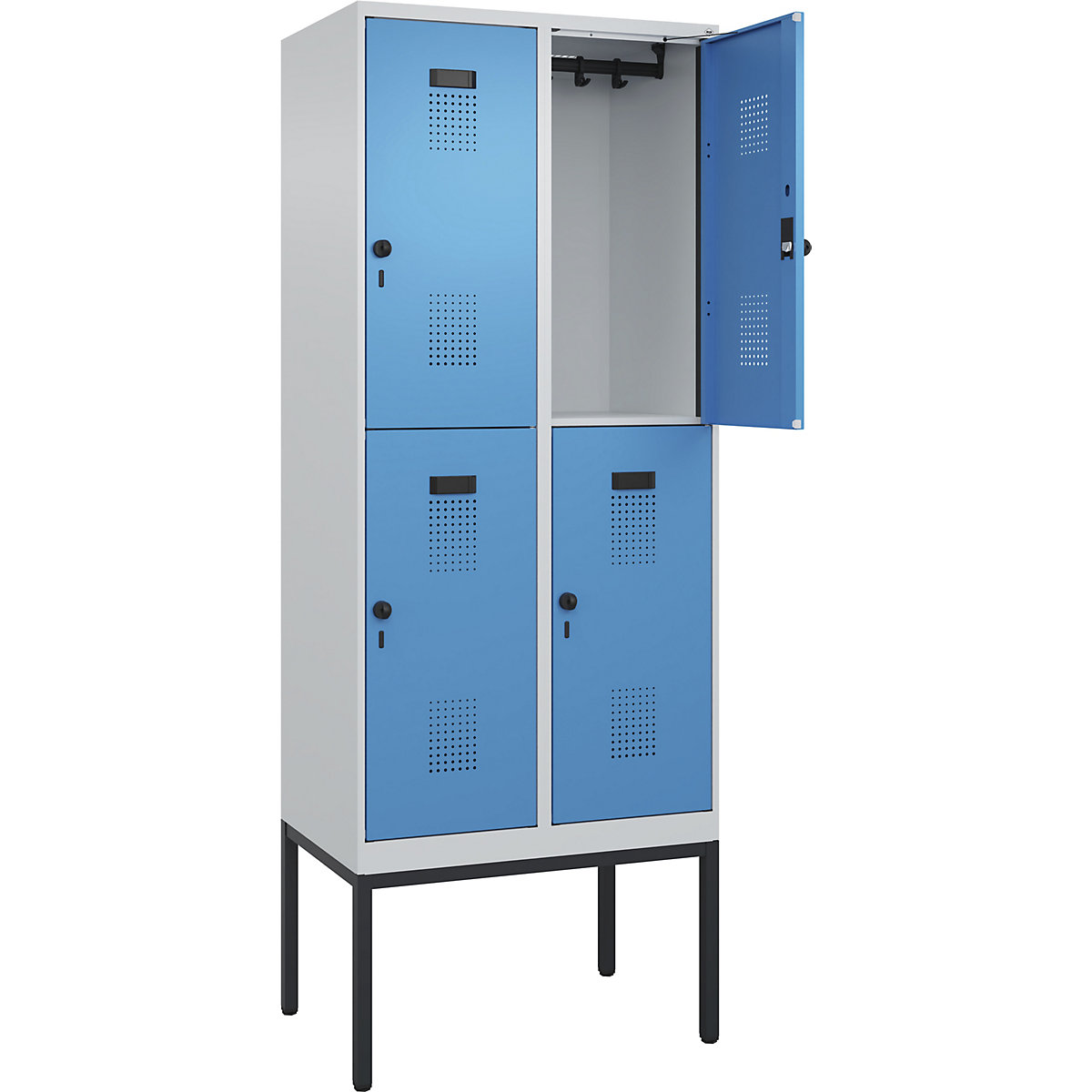 Vestiar cu două niveluri Evolo PLUS – C+P, 2 module, gri deschis / albastru deschis, lăț. 800 mm, cu picioare înguste, zăvor rotativ-0