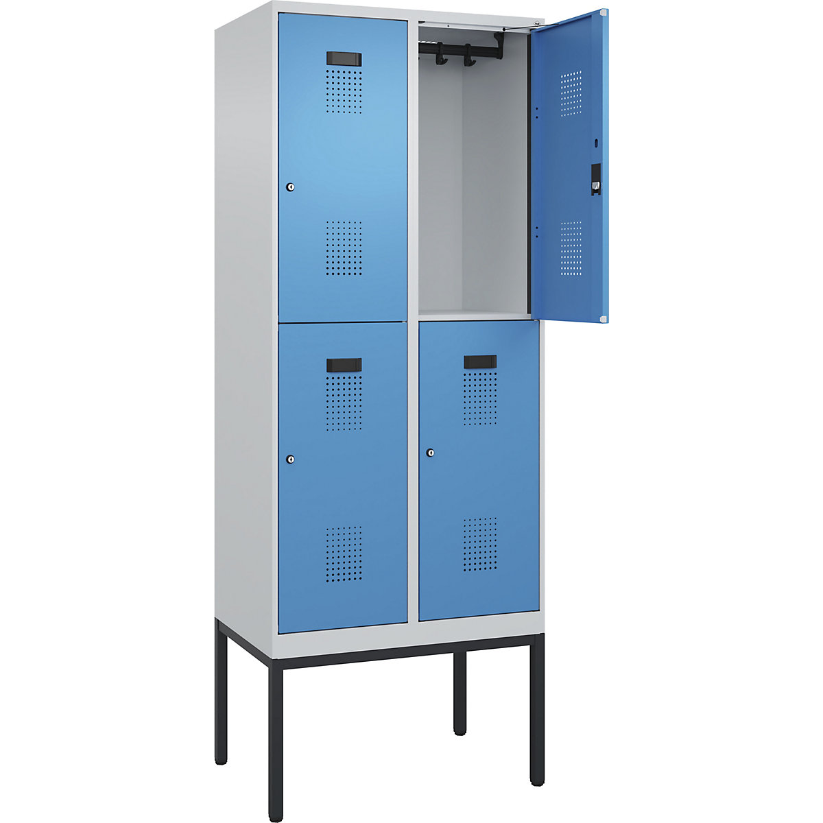 Vestiar cu două niveluri Evolo PLUS – C+P, 2 module, gri deschis / albastru deschis, lăț. 800 mm, cu picioare înguste, încuietoare cilindrică-0