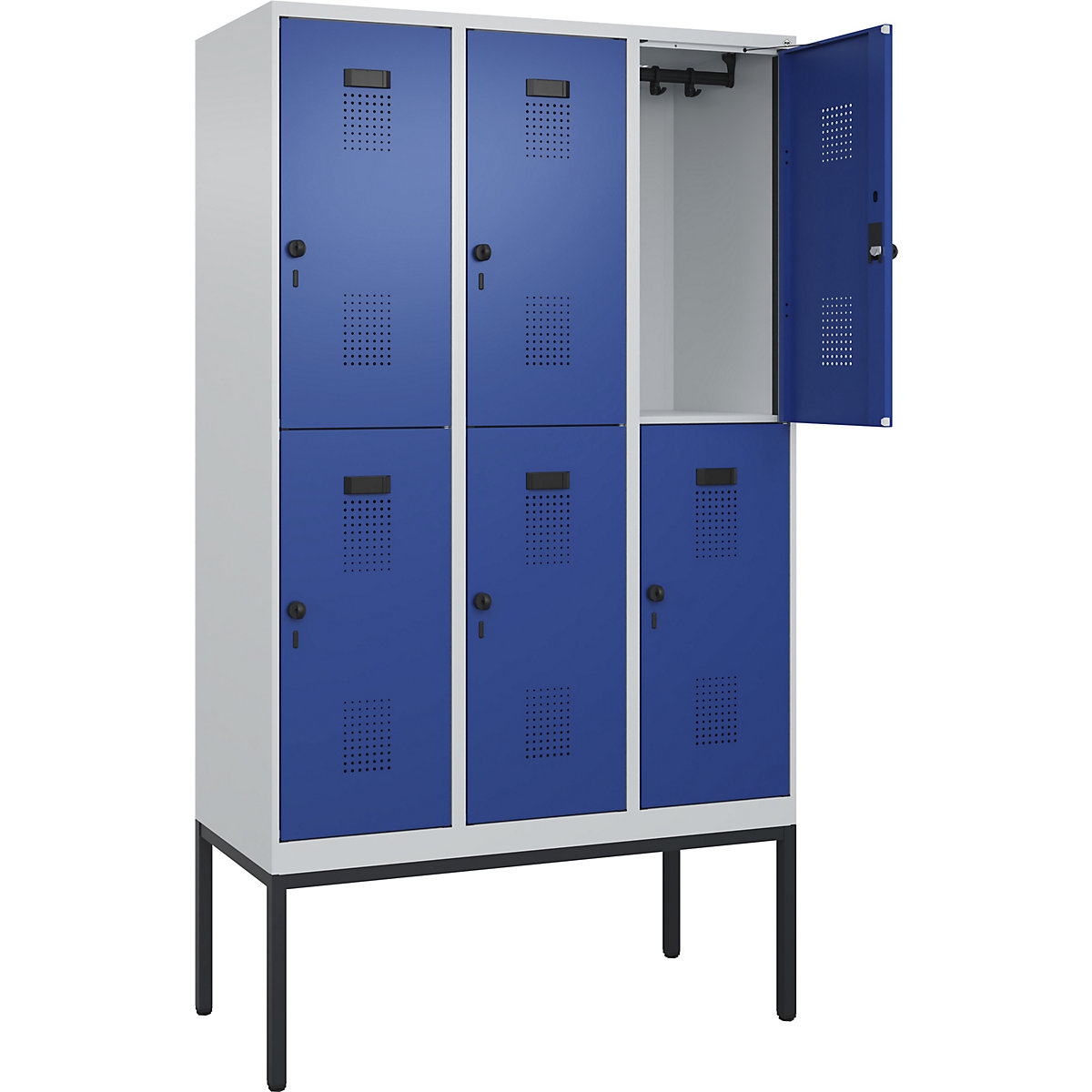 Vestiar cu două niveluri Evolo PLUS – C+P, 3 module, gri deschis / albastru gențiană, lăț. 1200 mm, cu picioare înguste, zăvor rotativ-0
