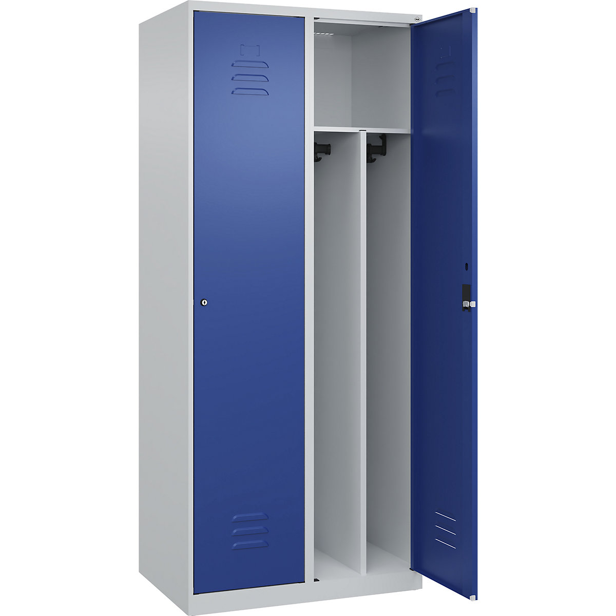 Vestiar pentru haine curate și murdare Classic PLUS, îngust – C+P, 2 module, perete despărțitor scurtat, gri deschis / albastru gențiană, lăț. 800 mm, cu glisoare pentru podea, încuietoare cilindrică, perete despărțitor central-0