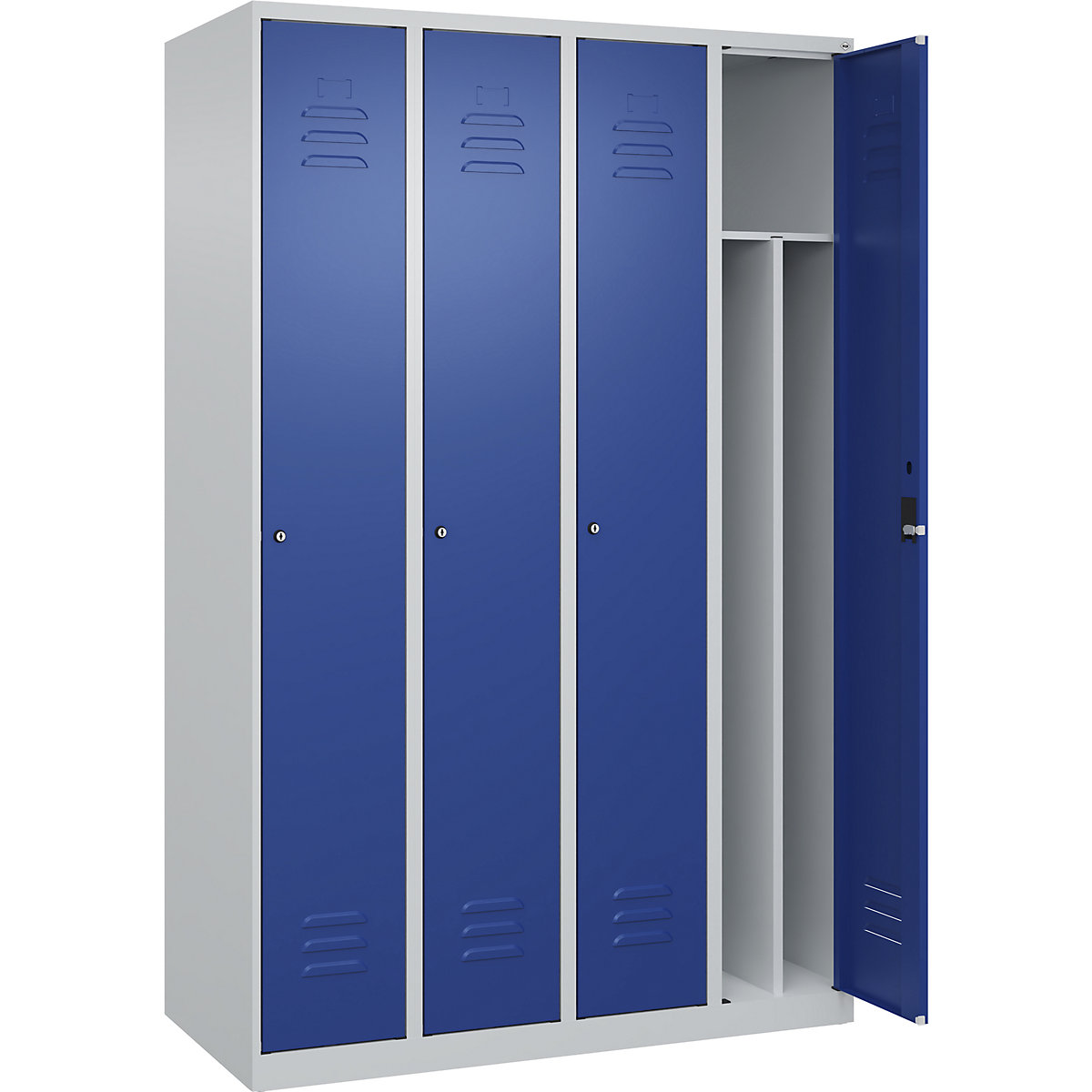 Vestiar pentru haine curate și murdare Classic PLUS, îngust – C+P, 4 module, perete despărțitor scurtat, gri deschis / albastru gențiană, lăț. 1200 mm, cu glisoare pentru podea, încuietoare cilindrică, perete despărțitor central-0