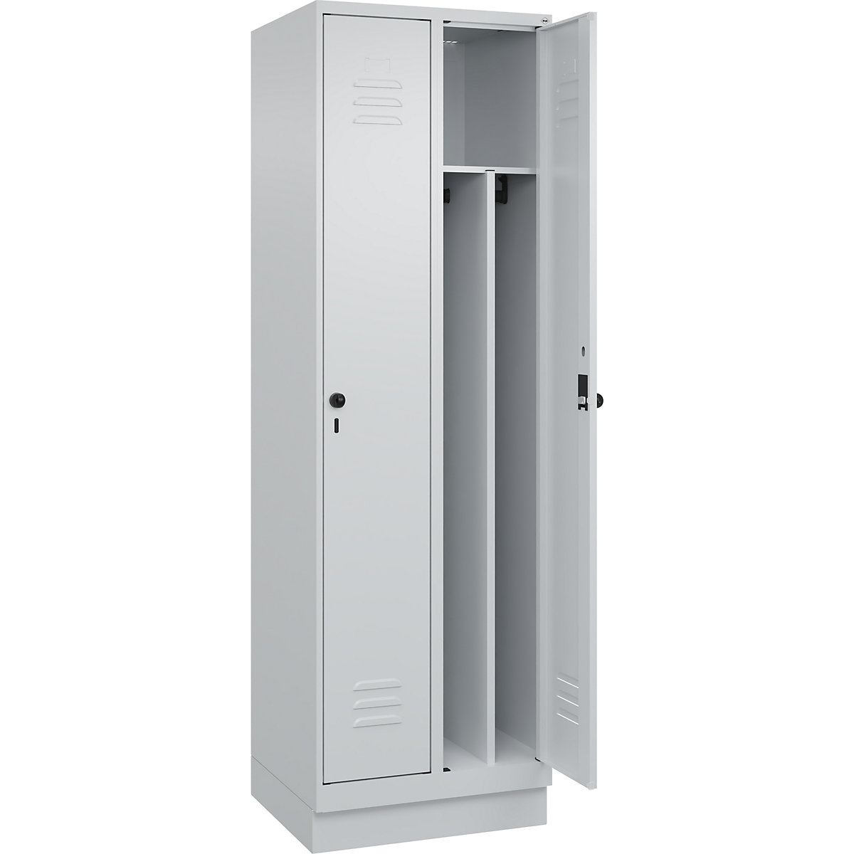 Vestiar pentru haine curate și murdare Classic PLUS, îngust – C+P, 2 module, perete despărțitor scurtat, gri deschis, lăț. 600 mm, cu soclu, zăvor rotativ, perete despărțitor central-0