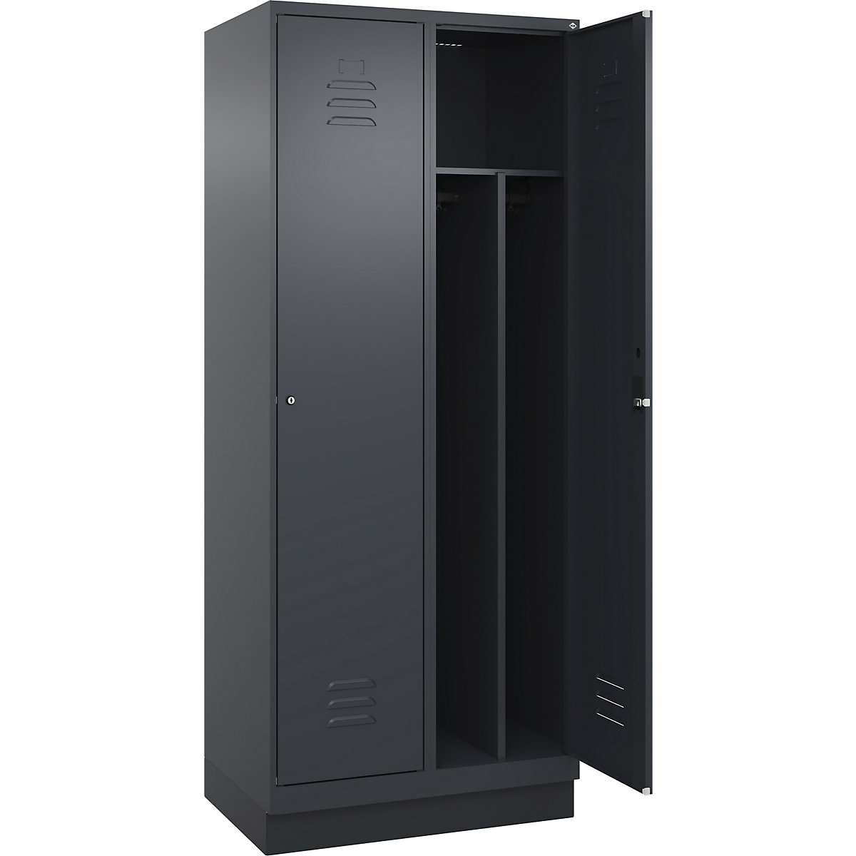 Vestiar pentru haine curate și murdare Classic PLUS, îngust – C+P, 2 module, perete despărțitor scurtat, gri, lăț. 800 mm, cu soclu, încuietoare cilindrică, perete despărțitor central-0