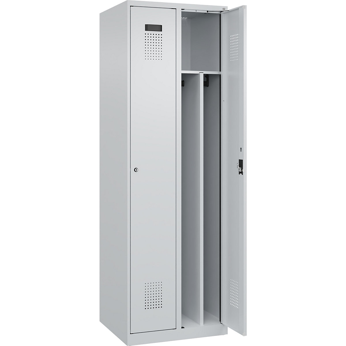 Vestiar pentru haine curate și murdare Evolo PLUS, îngust, 2 module, perete despărțitor scurtat, gri deschis, lăț. 600 mm, cu glisoare pentru podea, încuietoare cilindrică-0