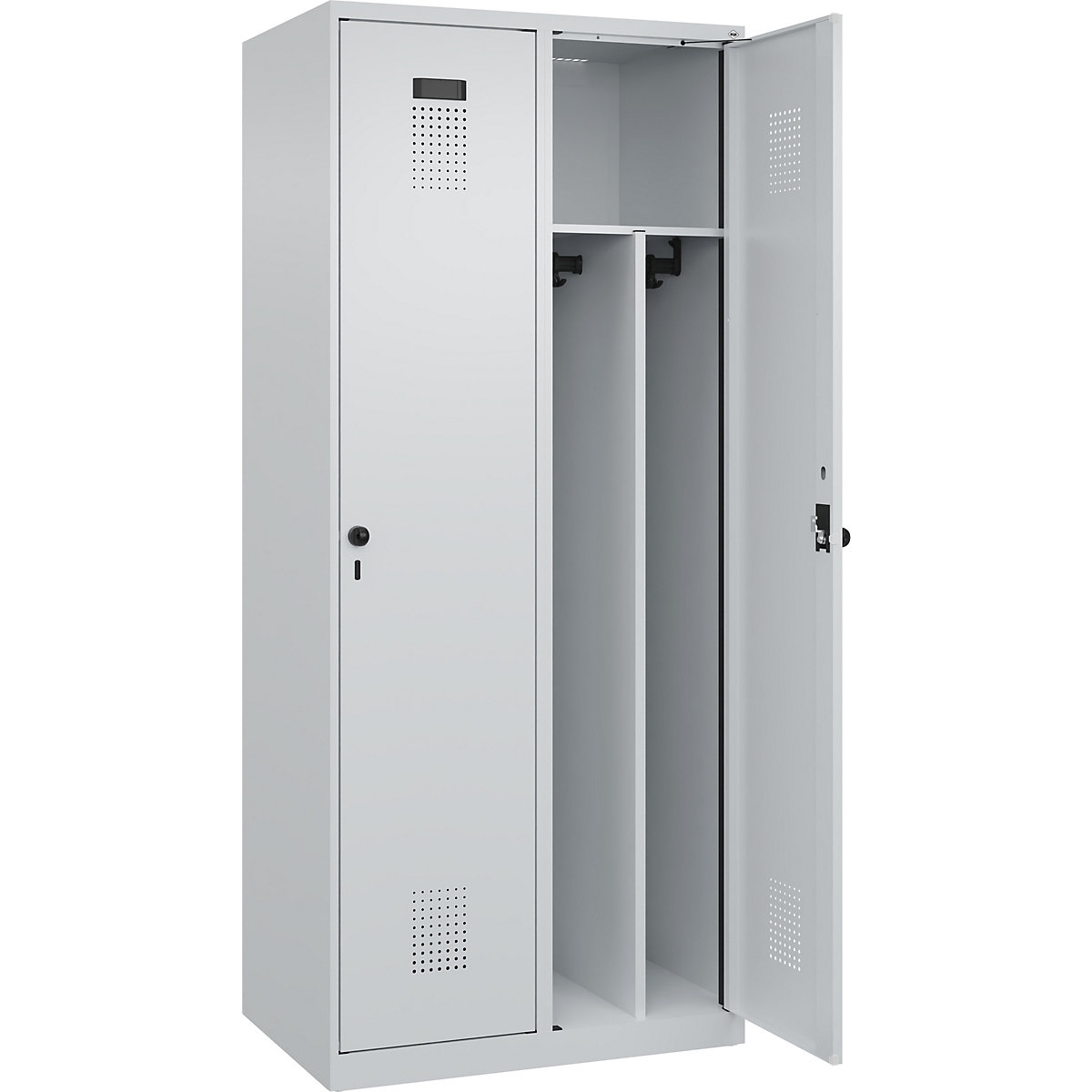Vestiar pentru haine curate și murdare Evolo PLUS, îngust, 2 module, perete despărțitor scurtat, gri deschis, lăț. 800 mm, cu glisoare pentru podea, zăvor rotativ de siguranță-0