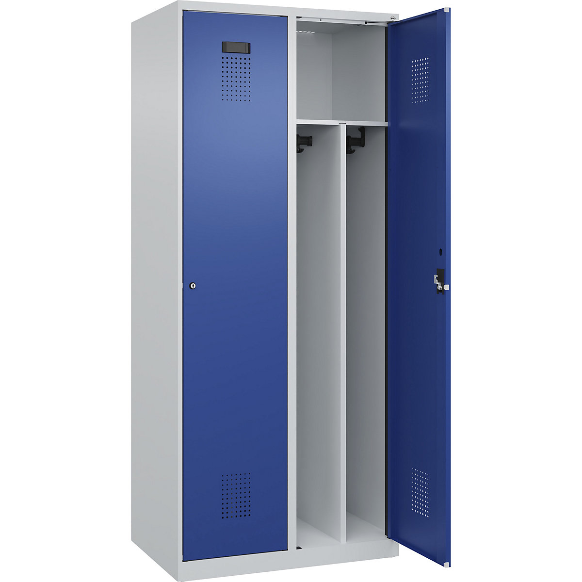 Vestiar pentru haine curate și murdare Evolo PLUS, îngust, 2 module, perete despărțitor scurtat, gri deschis / albastru gențiană, lăț. 800 mm, cu glisoare pentru podea, încuietoare cilindrică-0