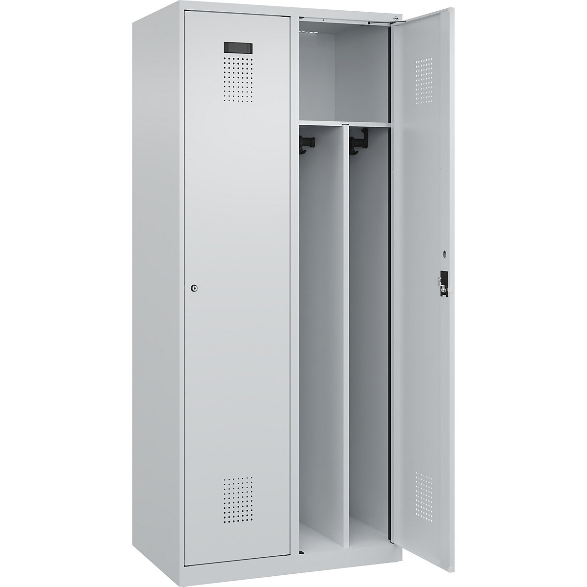 Vestiar pentru haine curate și murdare Evolo PLUS, îngust, 2 module, perete despărțitor scurtat, gri deschis, lăț. 800 mm, cu glisoare pentru podea, încuietoare cilindrică-0