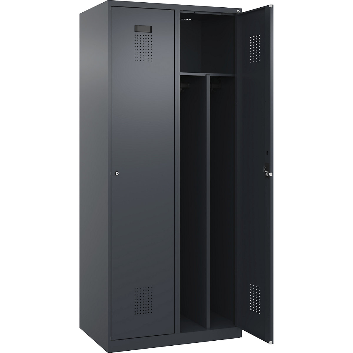 Vestiar pentru haine curate și murdare Evolo PLUS, îngust, 2 module, perete despărțitor scurtat, gri, lăț. 800 mm, cu glisoare pentru podea, încuietoare cilindrică-0