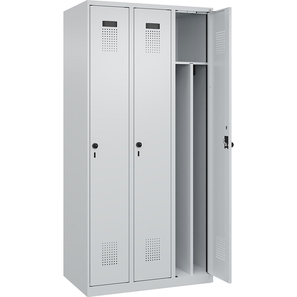 Vestiar pentru haine curate și murdare Evolo PLUS, îngust, 3 module, perete despărțitor scurtat, gri deschis, lăț. 900 mm, cu glisoare pentru podea, zăvor rotativ de siguranță-0