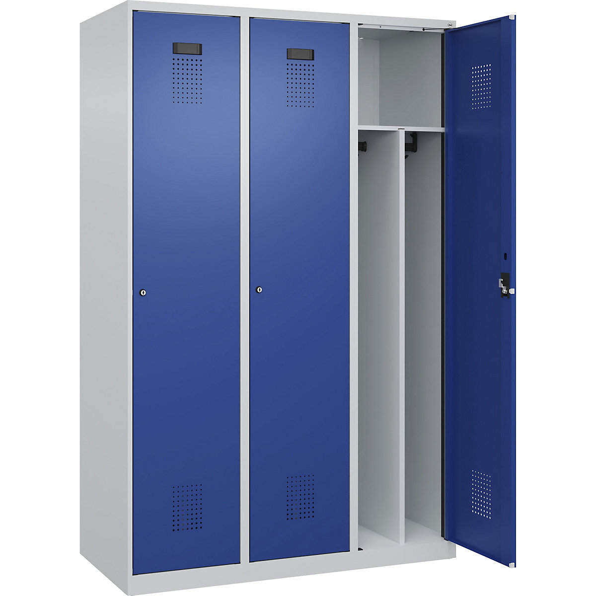 Vestiar pentru haine curate și murdare Evolo PLUS, îngust, 3 module, perete despărțitor scurtat, gri deschis / albastru gențiană, lăț. 1200 mm, cu glisoare pentru podea, încuietoare cilindrică-0