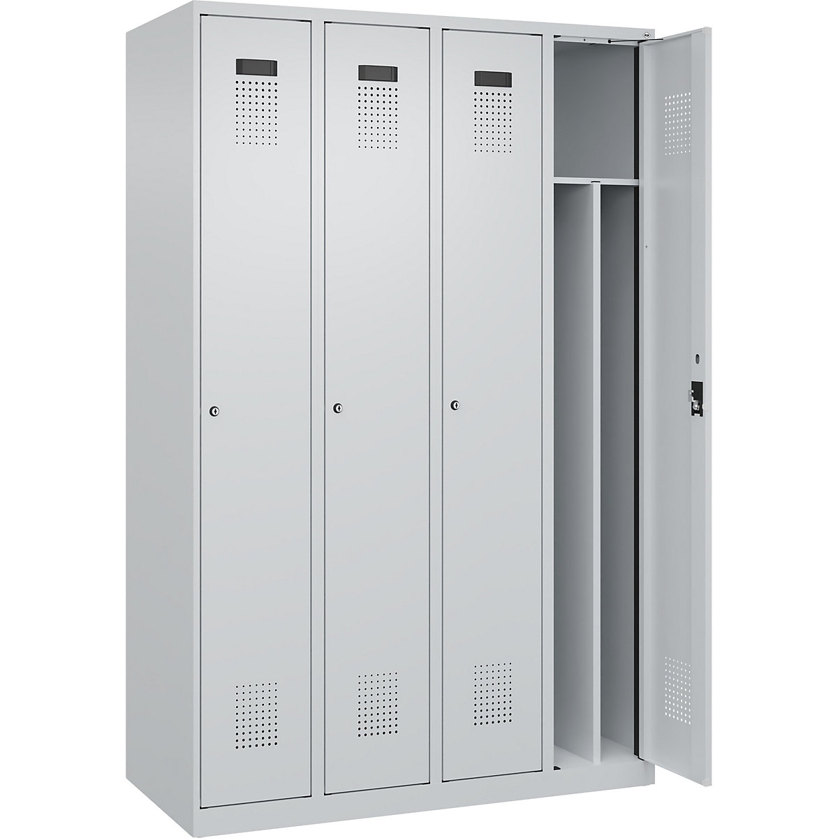 Vestiar pentru haine curate și murdare Evolo PLUS, îngust, 4 module, perete despărțitor scurtat, gri deschis, lăț. 1200 mm, cu glisoare pentru podea, încuietoare cilindrică-0