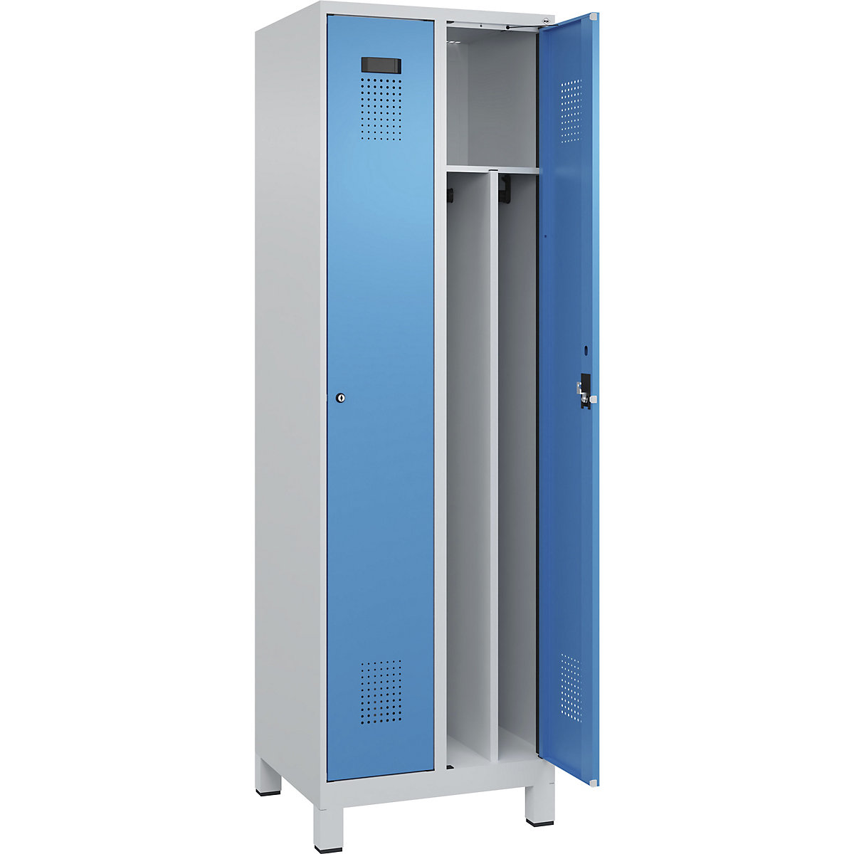 Vestiar pentru haine curate și murdare Evolo PLUS, îngust, 2 module, perete despărțitor scurtat, gri deschis / albastru deschis, lăț. 600 mm, cu picioare late, încuietoare cilindrică-0