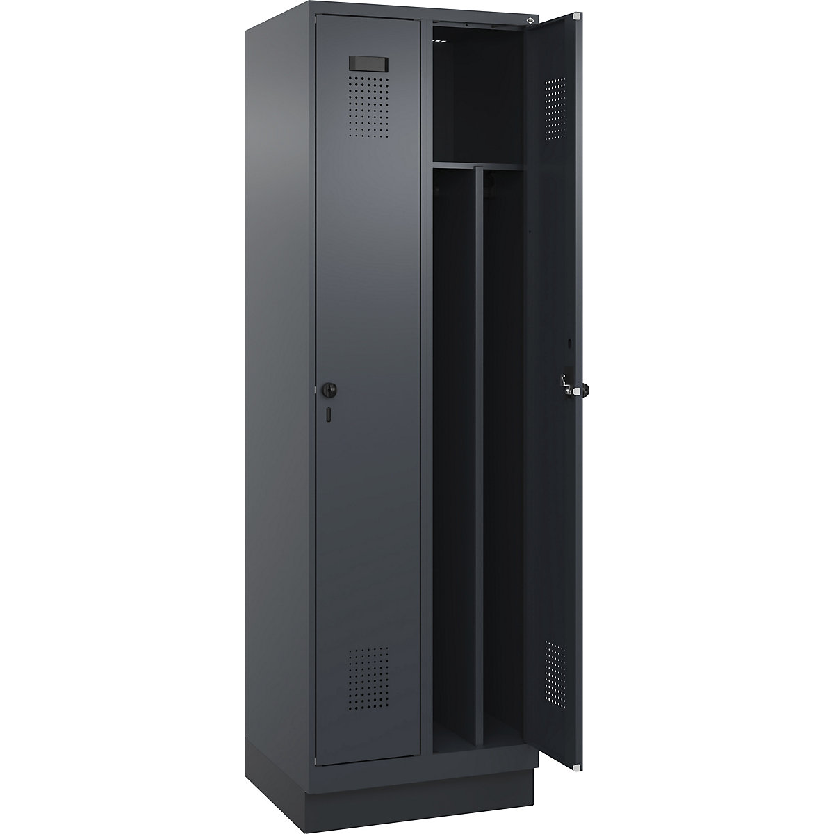 Vestiar pentru haine curate și murdare Evolo PLUS, îngust, 2 module, perete despărțitor scurtat, gri, lăț. 600 mm, cu soclu, zăvor rotativ de siguranță-0