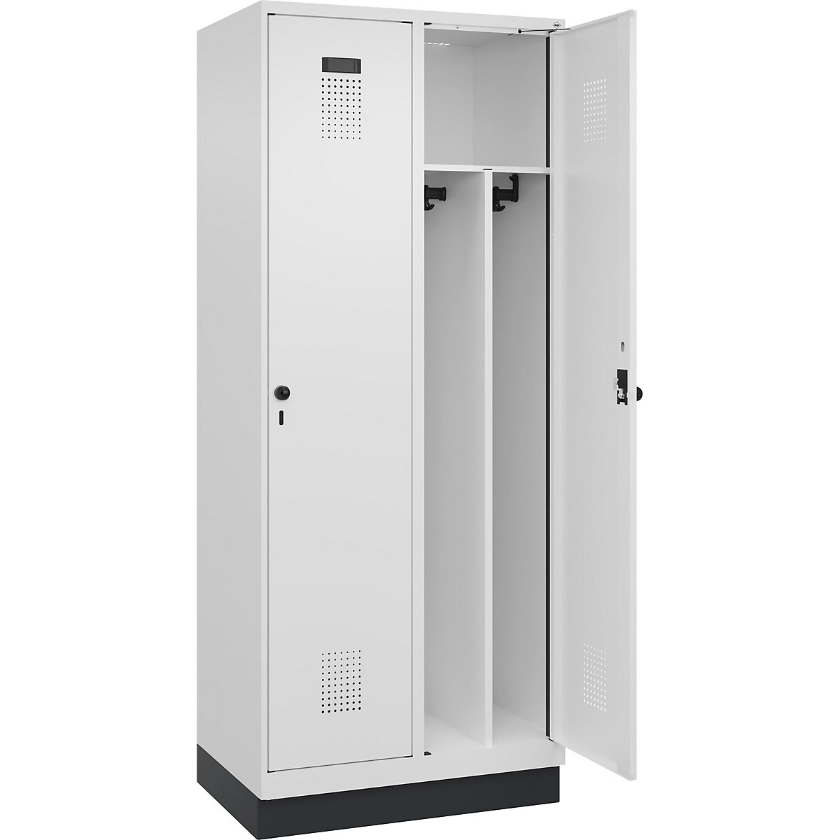 Vestiar pentru haine curate și murdare Evolo PLUS, îngust, 2 module, perete despărțitor scurtat, alb, lăț. 800 mm, cu soclu, zăvor rotativ de siguranță-0