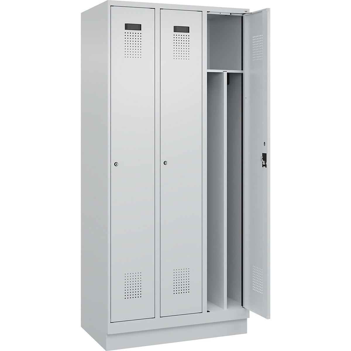 Vestiar pentru haine curate și murdare Evolo PLUS, îngust, 3 module, perete despărțitor scurtat, gri deschis, lăț. 900 mm, cu soclu, încuietoare cilindrică-0