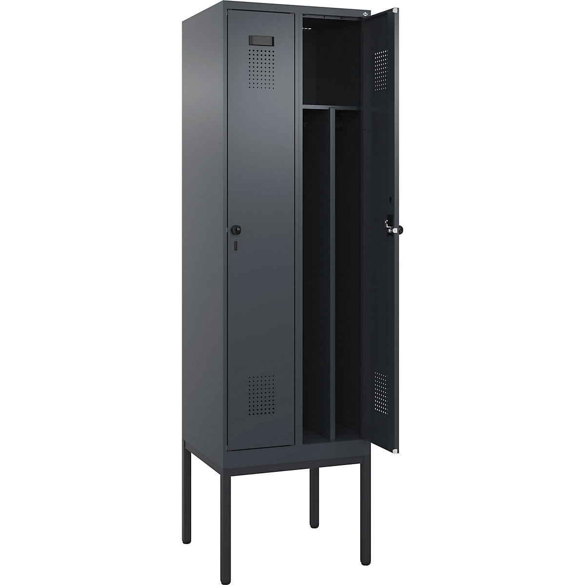 Vestiar pentru haine curate și murdare Evolo PLUS, îngust, 2 module, perete despărțitor scurtat, gri, lăț. 600 mm, cu picioare înguste, zăvor rotativ de siguranță-0