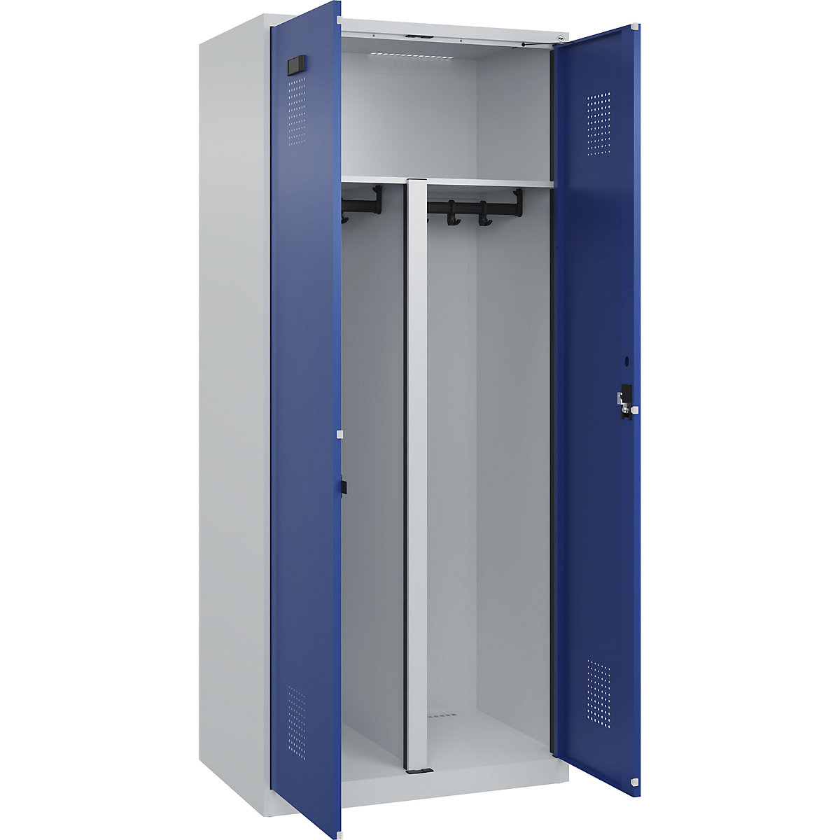 Vestiar pentru haine curate și murdare Evolo PLUS, 1 modul, perete despărțitor scurtat, gri deschis / albastru gențiană, lăț. 800 mm, cu glisoare pentru podea, încuietoare cilindrică-0