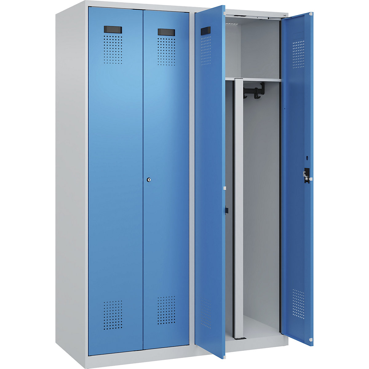 Vestiar pentru haine curate și murdare Evolo PLUS, 2 module, perete despărțitor scurtat, gri deschis / albastru deschis, lăț. 1200 mm, cu glisoare pentru podea, încuietoare cilindrică-0