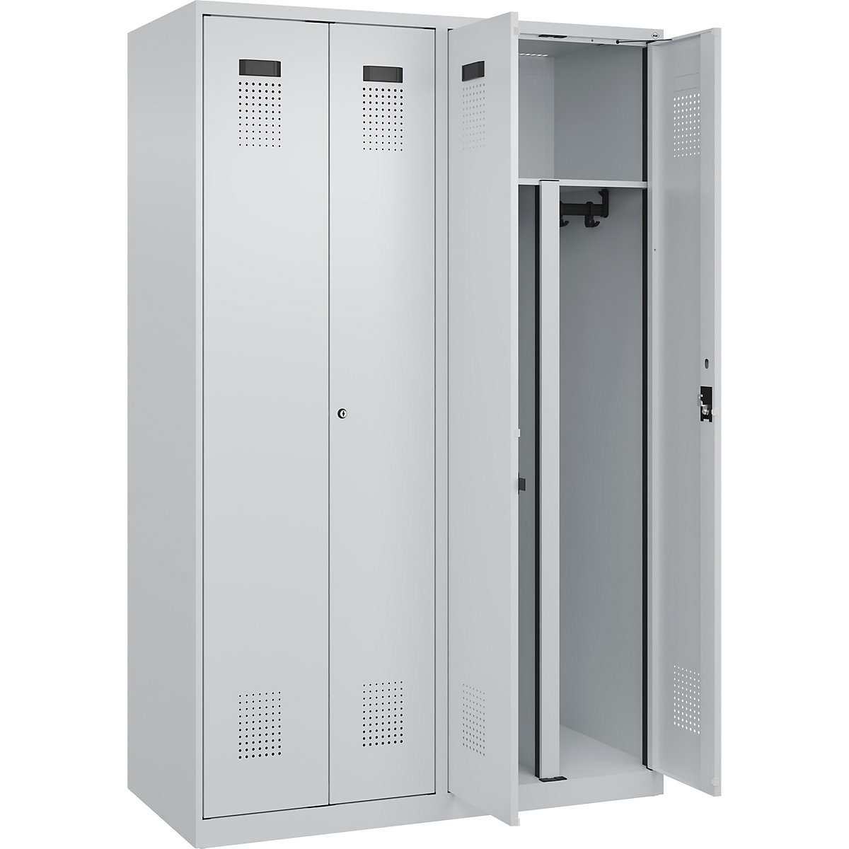 Vestiar pentru haine curate și murdare Evolo PLUS, 2 module, perete despărțitor scurtat, gri deschis, lăț. 1200 mm, cu glisoare pentru podea, încuietoare cilindrică-0