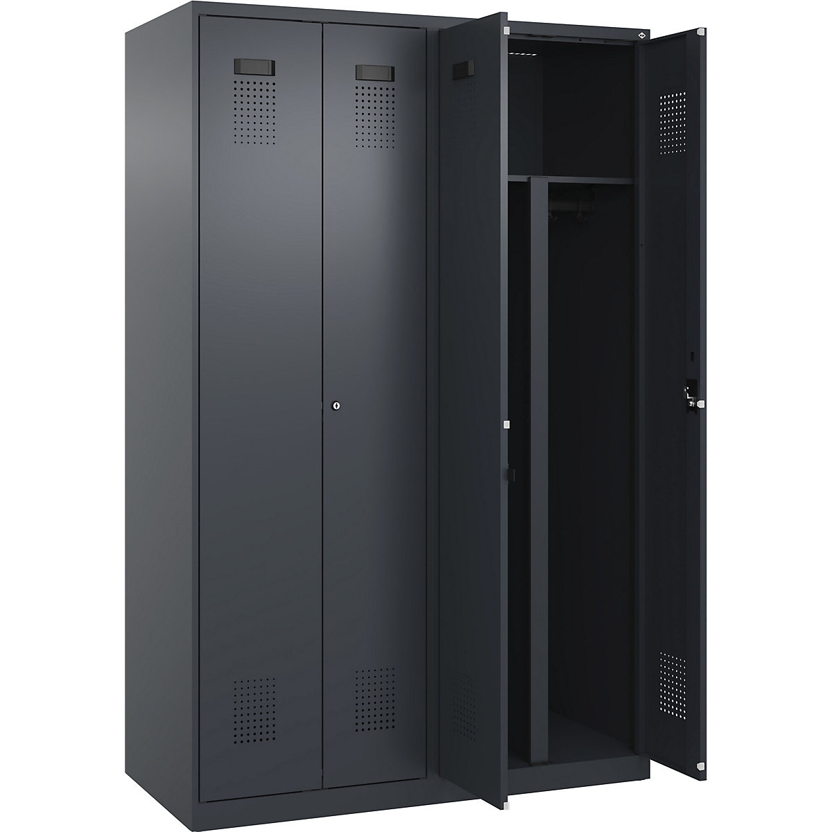 Vestiar pentru haine curate și murdare Evolo PLUS, 2 module, perete despărțitor scurtat, gri, lăț. 1200 mm, cu glisoare pentru podea, încuietoare cilindrică-0