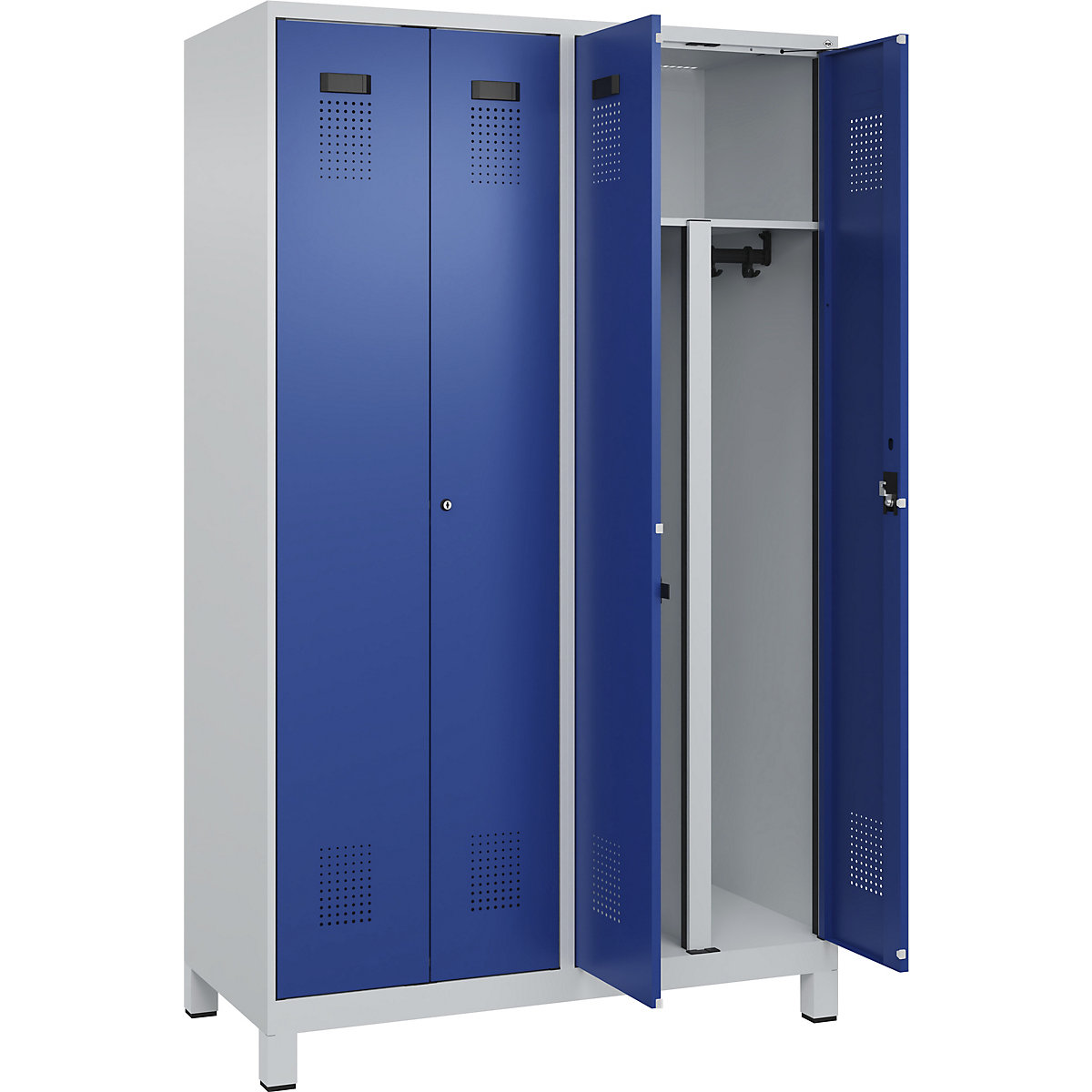 Vestiar pentru haine curate și murdare Evolo PLUS, 2 module, perete despărțitor scurtat, gri deschis / albastru gențiană, lăț. 1200 mm, cu picioare late, încuietoare cilindrică-0